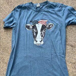 Blue T-Shirt with Cow and Flag Design
